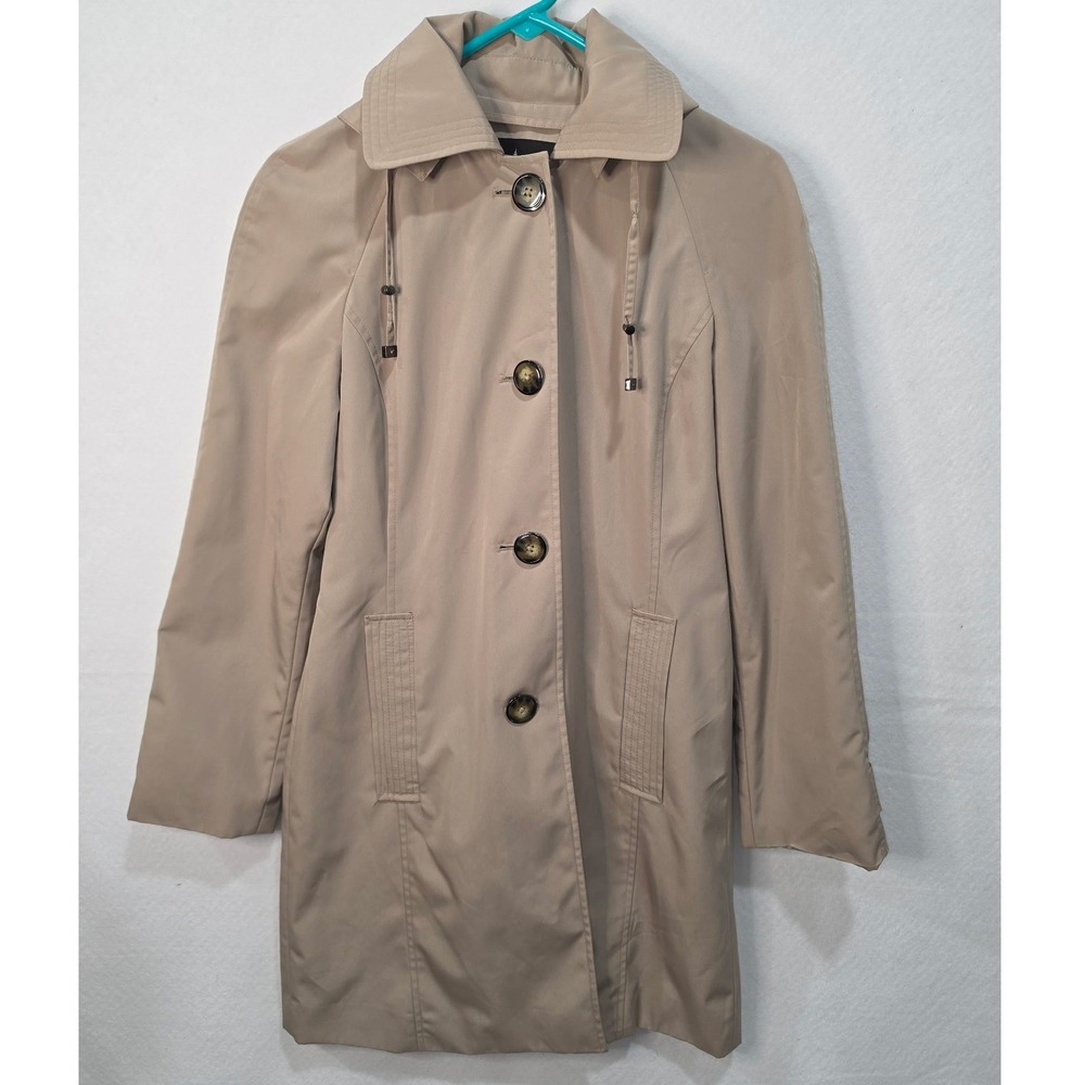 London Fog Womens Tan Beige Trench Coat Hooded Plaid Lined Mid Length XS Coat